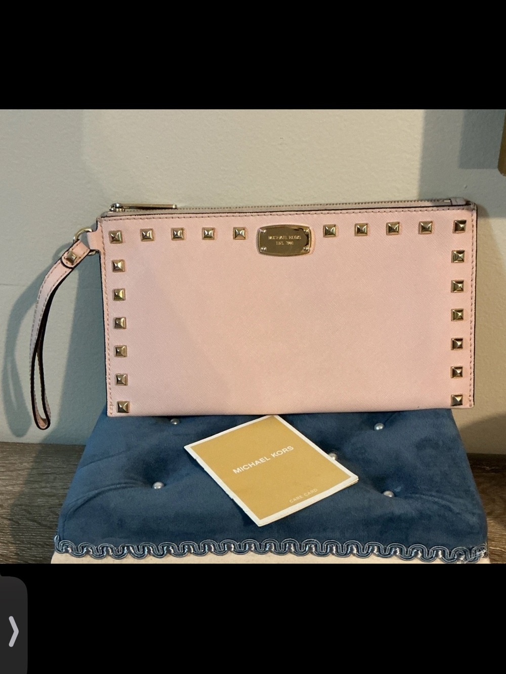 Michael Kors Ballet Saffiano Blush Pink Studded Wristlet Clutch Strap 9.75x5.5